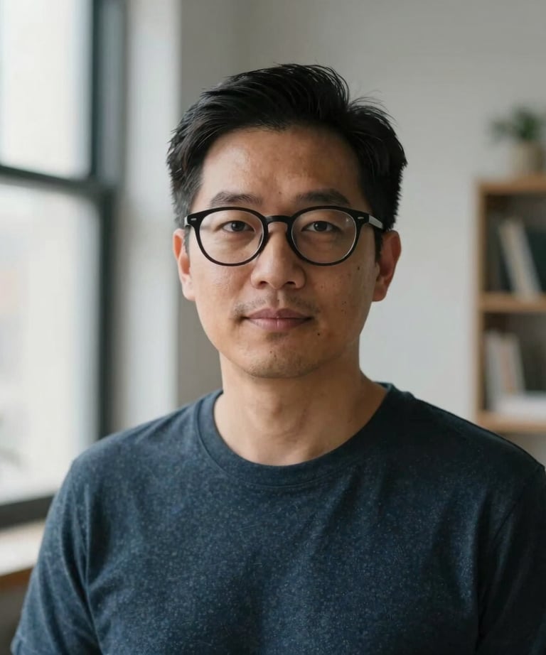 Portrait of a creative lead in a stylish North American US studio, wearing glasses, soft daylight from a window, professional mood.