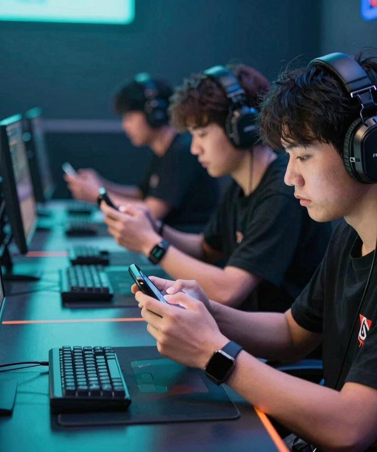 Action shot of a gaming tournament in a North American US venue, focused on players using mobile devices, teal and blue ambient lighting.