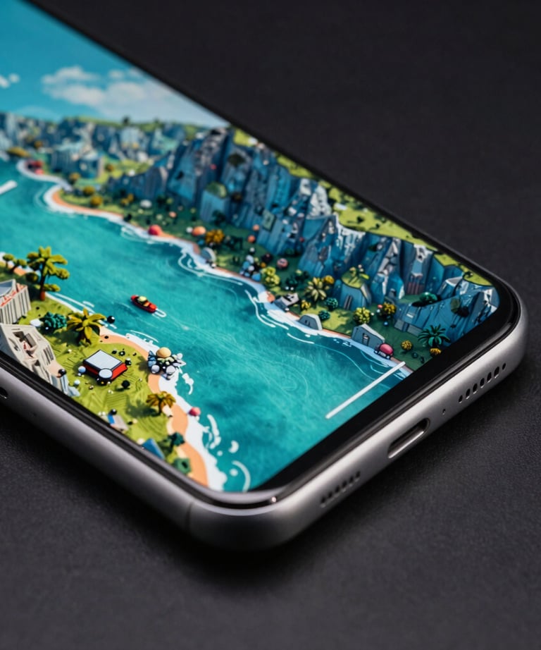 A macro shot of a high-performance gaming smartphone displaying a colorful 3D landscape with teal and slate blue elements, North American US tech aesthetic.