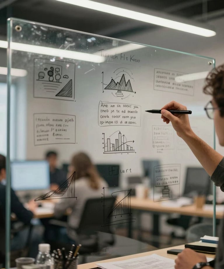 Atmospheric photography of a creative brainstorming session in a North American US tech studio, with a focus on a glass board and marker drawings.