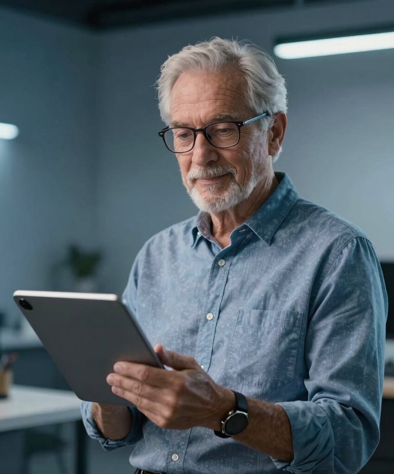 Portrait of a senior developer in a sleek North American US studio environment, slate blue lighting, holding a modern tablet.
