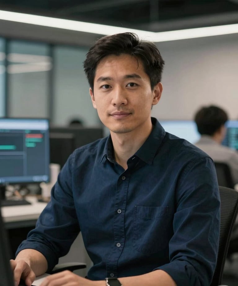 Portrait of a software engineer in a modern North American US tech hub, wearing a dark blue shirt, focused and professional.