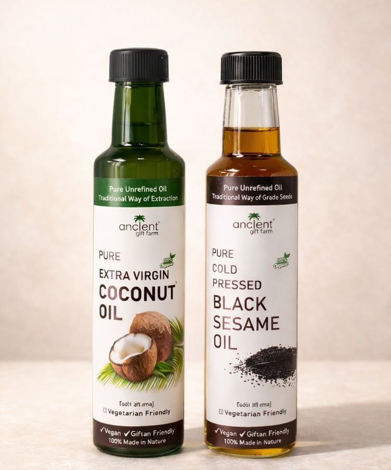 extra virgin coconut oil cold pressed black sesame oil Ancient Gift Farm