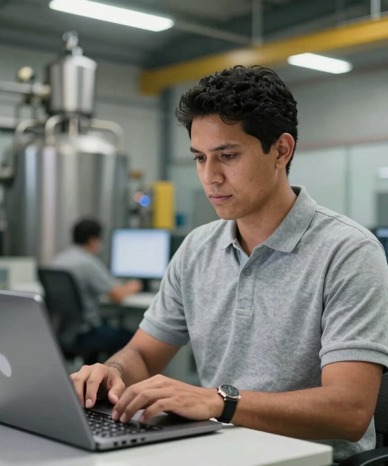 A professional portrait of a male South American / Brazilian industrial process specialist in a clean grey polo shirt, working on a laptop in a modern factory control room.