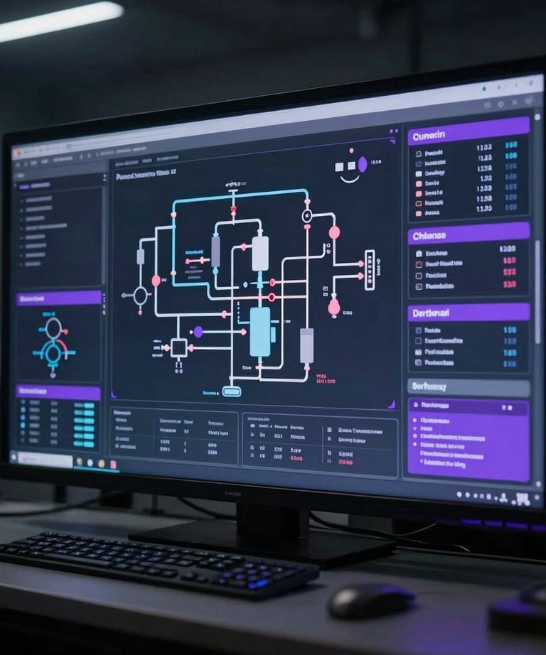A high-tech digital interface showing chemical process flows and data analytics on a screen in a dark control room. Purple and grey-blue highlights. Modern engineering style.