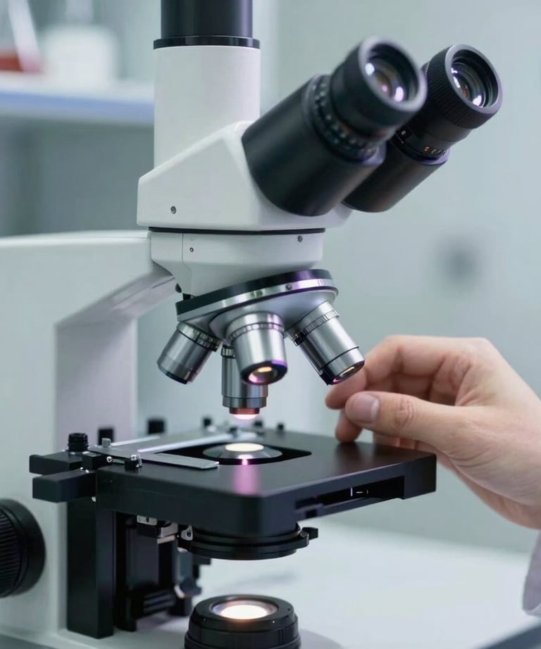 Close-up of a high-end microscope in a chemical lab with a technician's hand adjusting the focus. Clinical, precise, professional photography with purple accents.