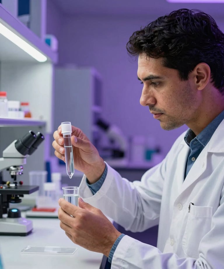 A South American / Brazilian professional male environmental consultant examining water samples in a high-tech lab. Deep purple lighting accents, clean and modern scientific environment.