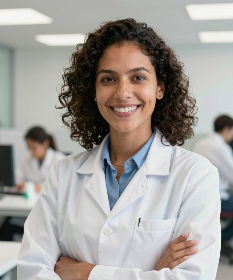 A bright, professional portrait of a South American / Brazilian female chemical engineer in a modern white office. She is smiling confidently at the camera. Soft, high-quality lighting, credible and welcoming atmosphere.