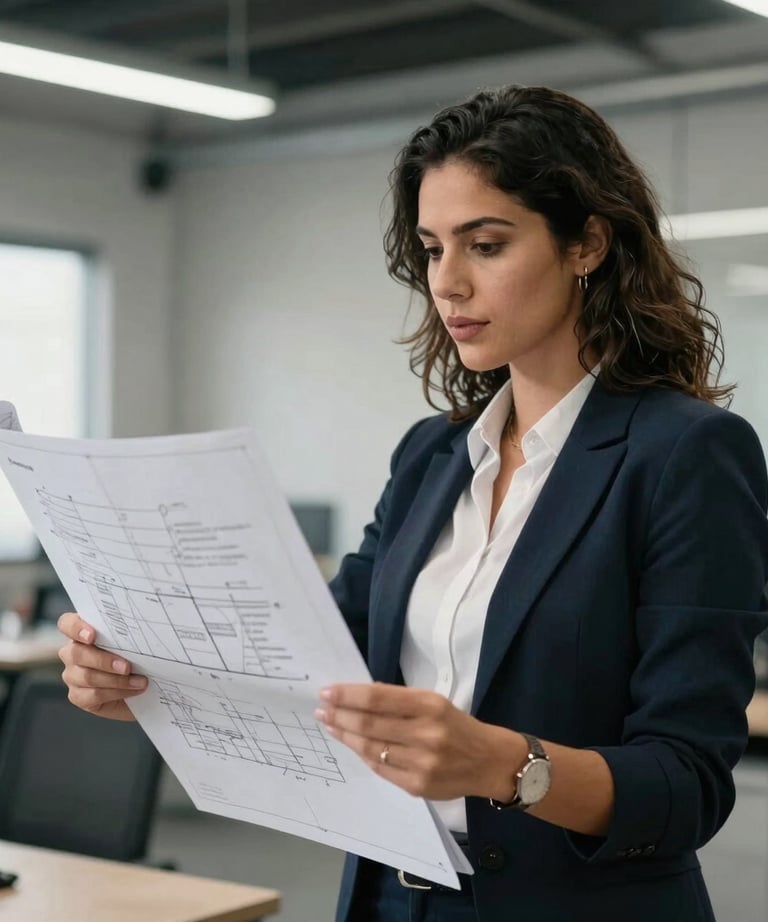 A South American / Brazilian woman in business attire holding a technical blueprint, discussing details in a clean industrial office. High credibility, focus on expertise.