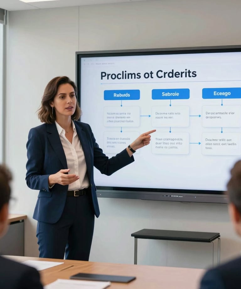 A professional Brazilian consultant in business casual attire presenting a digital strategy on a large screen in a modern conference room. Bright, airy, and high-trust atmosphere.