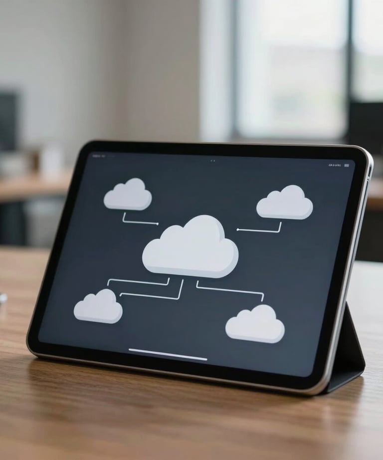 Minimalist photography of a digital tablet showing cloud infrastructure diagrams. Professional and technical atmosphere, soft natural light, South American office environment.