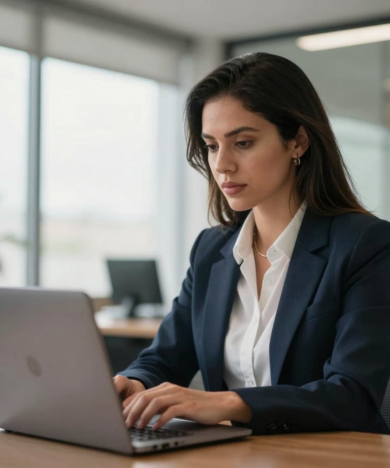 A professional woman consultant in a South American office using a laptop, looking focused and confident. Soft morning light, professional setting.