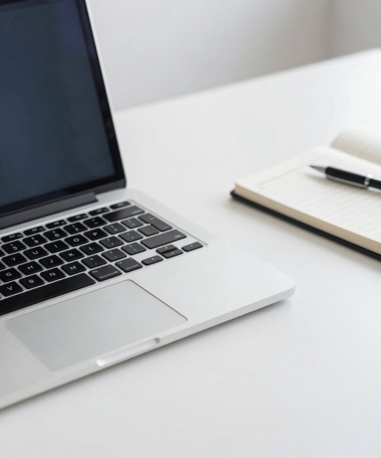Detail photography of a professional office desk with a laptop and a notebook. Minimalist, clean, white and blue accents, professional vibes.