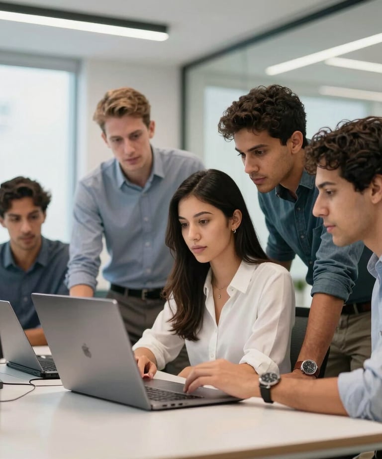 Modern professional office environment. A team of Brazilian tech experts collaborating around a high-end laptop. Clean lines, bright, professional.