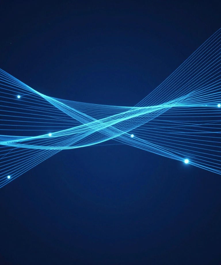 An abstract image showing digital connections and data streams. Deep blue background with light blue glowing lines. Clean, tech-inspired, modern.