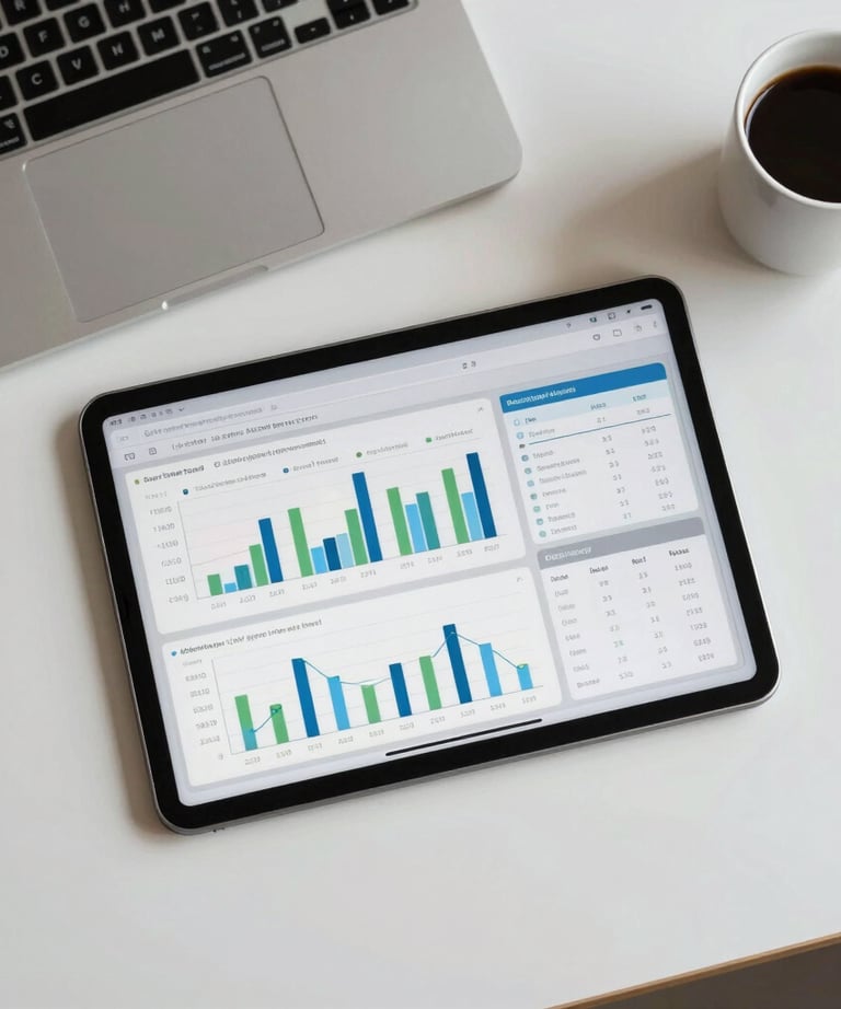 Top-down photography of a clean desk with a tablet showing data charts and a cup of coffee. Professional, productive morning atmosphere.
