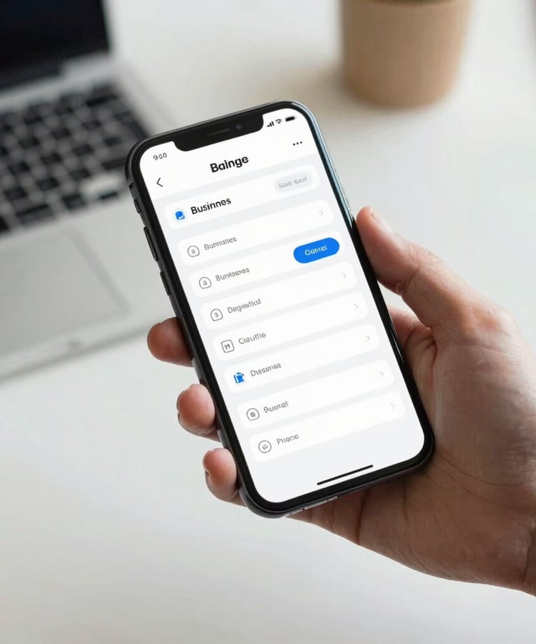 Photography of a person's hand holding a smartphone displaying a clean business dashboard. Modern workspace background, soft lighting, professional.