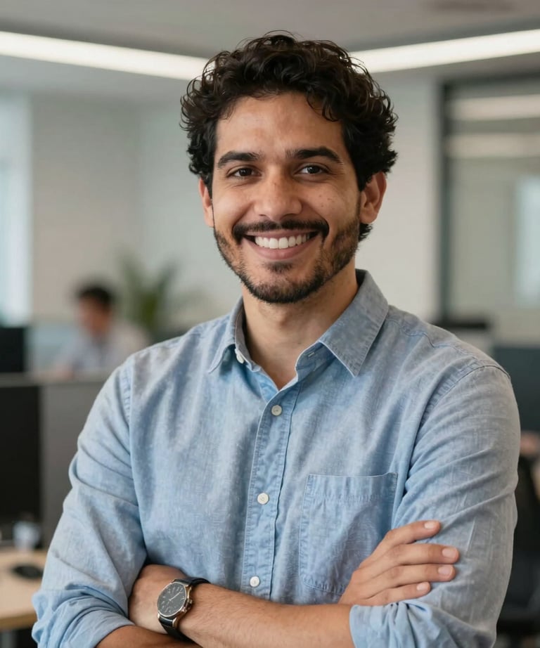 Portrait of a male professional IT consultant in a South American office. Smiling, confident, wearing business casual attire. Background blurred office.