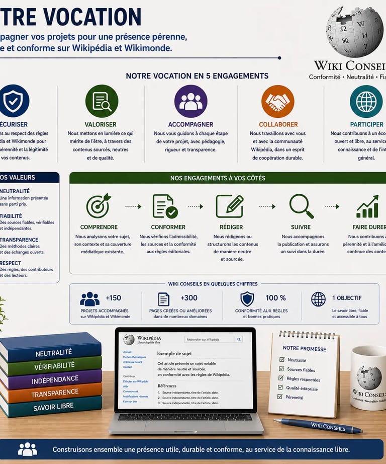 Bureau professionnel avec infographie présentant la vocation de Wiki Conseils
