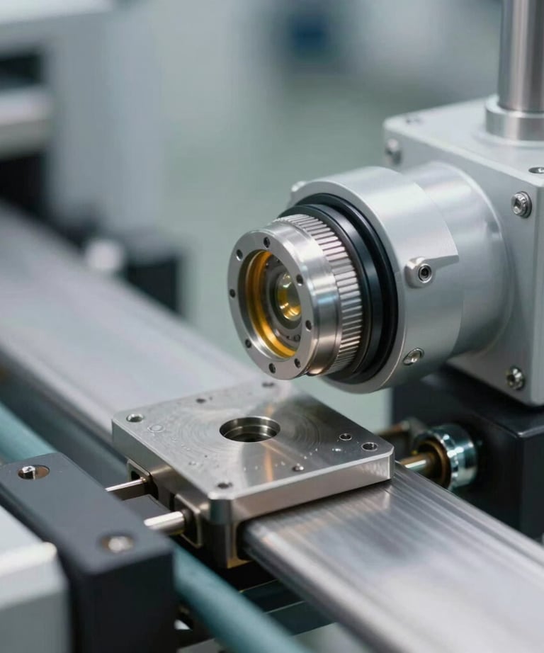 Macro shot of an industrial sensor detecting a metal part on a conveyor belt. Modern electronics, clean industrial design.