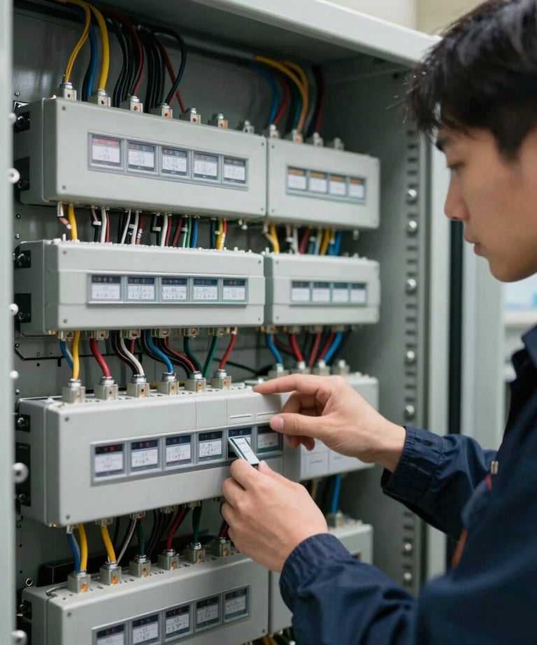 Technical expert inspecting a complex electrical control cabinet with numerous wires and components. High precision and order, professional lighting.