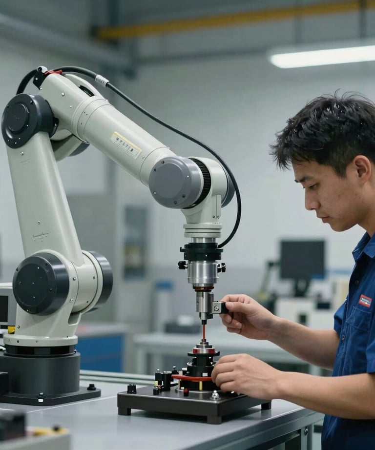 Collaborative robot arm (cobot) working alongside a technician in a modern workshop. Focus on safety and innovation.
