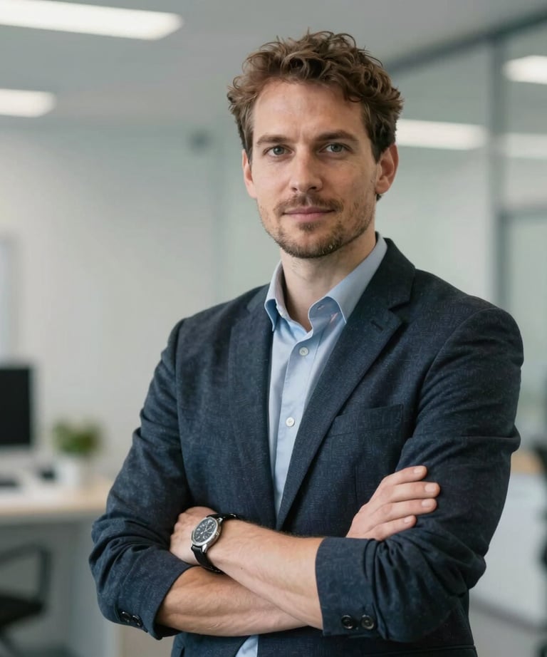 Portrait of a technical project manager in a clean industrial environment. Confident expression, professional attire, Central European context.