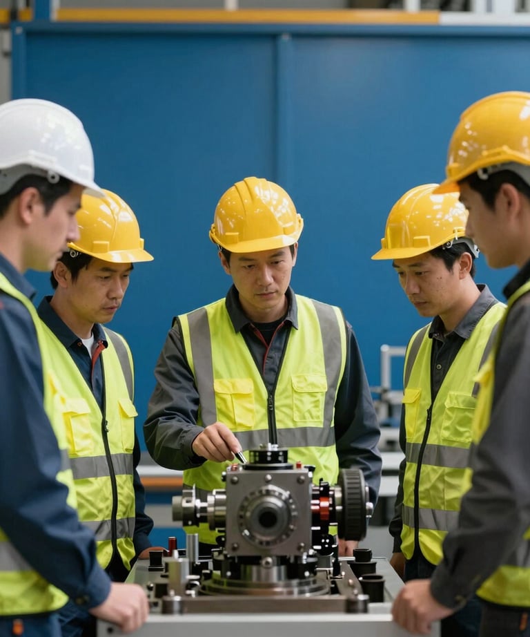 Group of engineers gathered around a large machine base in a workshop, discussing technical details. Central European setting, professional safety gear, steel blue background.