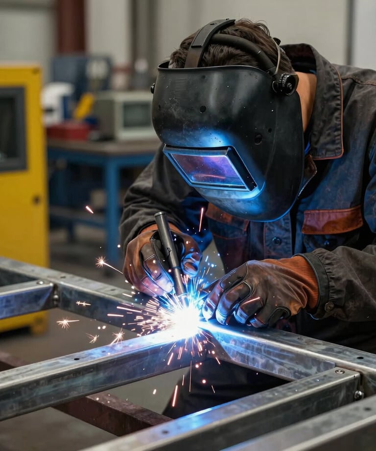 Welder working on a stainless steel frame with blue sparks. High quality industrial photography emphasizing craftsmanship and technical skill.