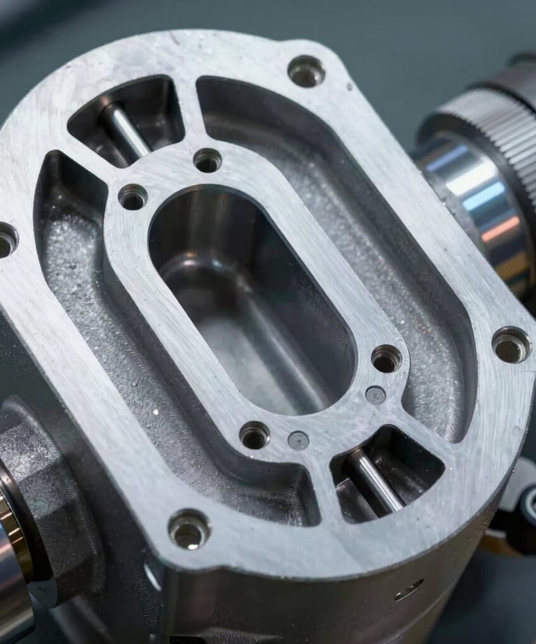 Cross-section of a complex hydraulic valve block, showing precision internal channels. Professional technical display.