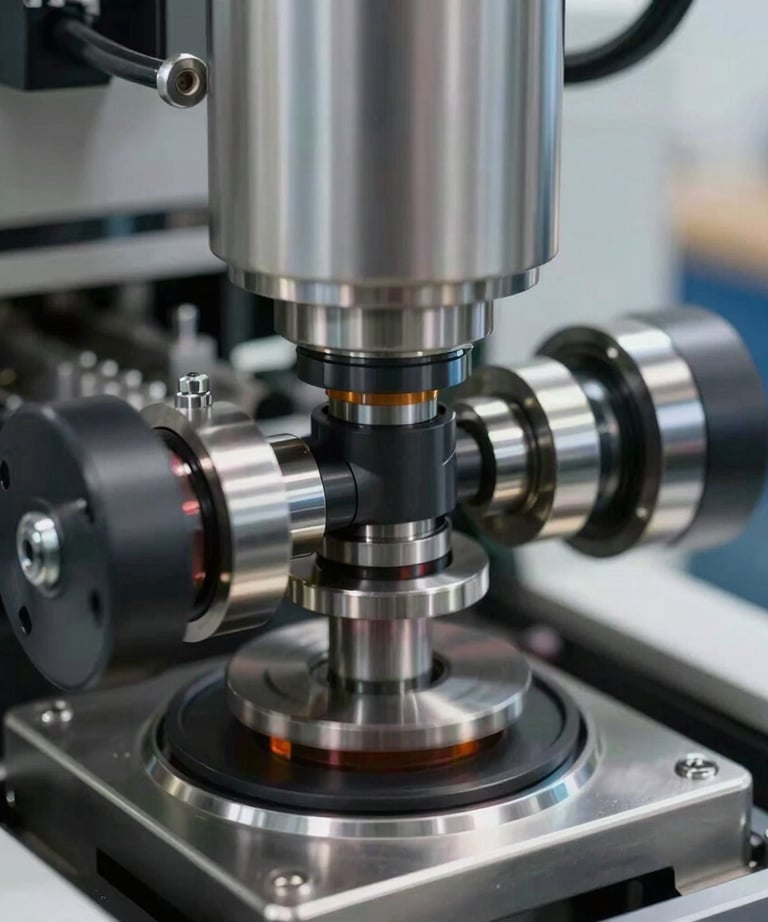 Close-up of a high-speed cam mechanism in a packaging machine. High-speed photography capturing motion blur of polished steel components.