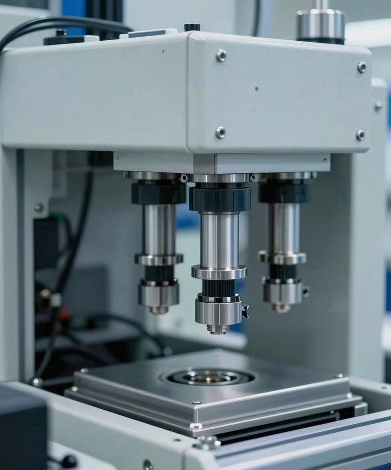 Detail of an automated assembly line with sensors and pneumatic cylinders. High-tech and clean aesthetic, lighting in light gray and steel blue.