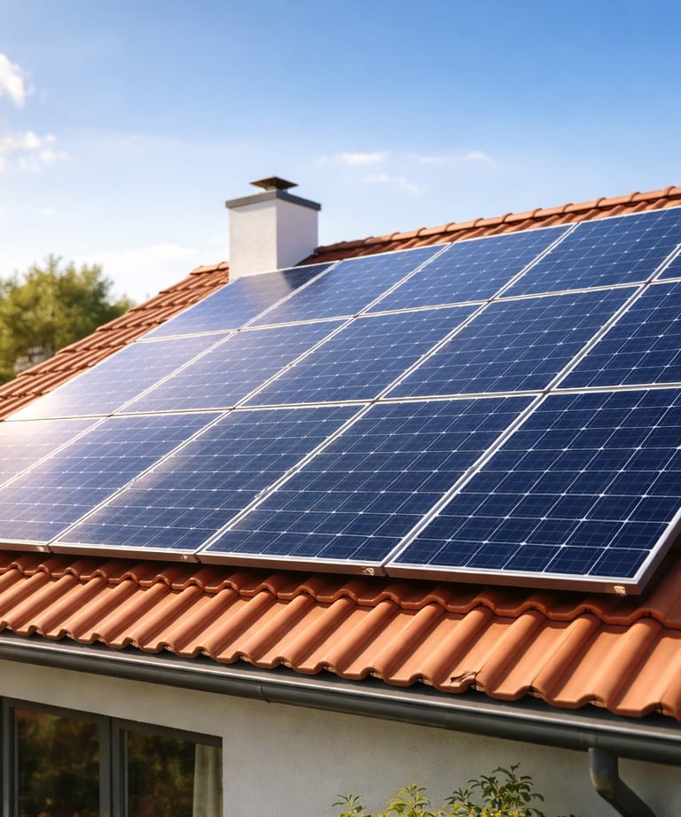 painéis de energia solar instalados em telhado residencial