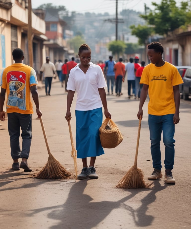 Cameroonian workers performing general cleaning services in an urban setting.
