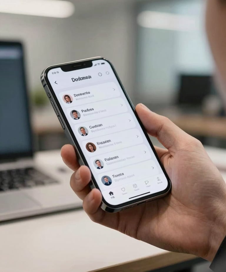 A close-up photograph of a professional hand holding a sleek mobile device displaying a clean monitoring interface in a modern Indonesian corporate setting.