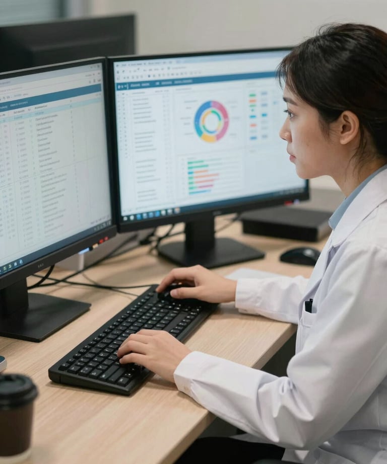 Candid photography of a female Southeast Asian specialist analyzing project data on a dual-monitor setup in a professional workspace.