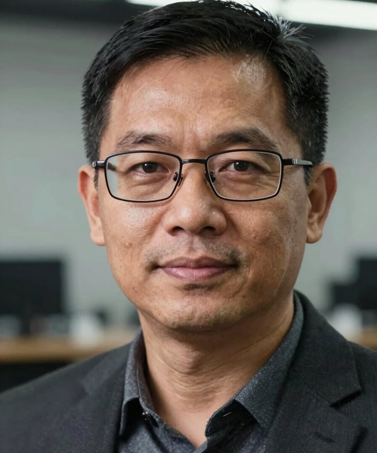 Close-up portrait of a Southeast Asian developer with glasses in a professional environment, soft focus background with technical elements.