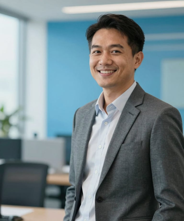 Portrait of a Southeast Asian professional male smiling in a modern bright office, wearing professional smart-casual attire, soft gray and bright blue background.