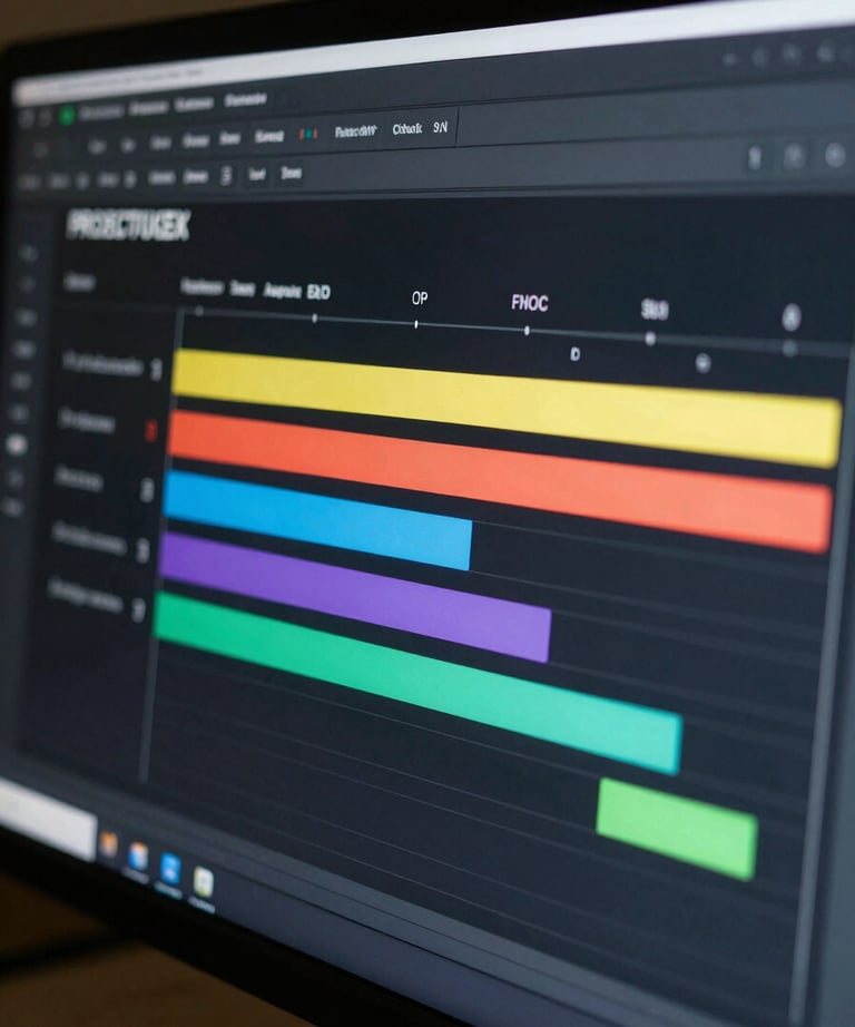 Photography of a high-resolution screen showing a project timeline with colorful status bars against a dark interface, professional style.
