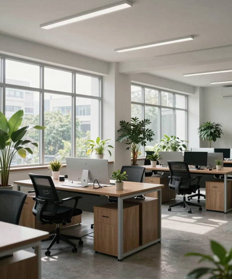 Clean, wide-angle photography of a minimalist office in Jakarta with large windows and green plants, symbolizing a healthy work environment.