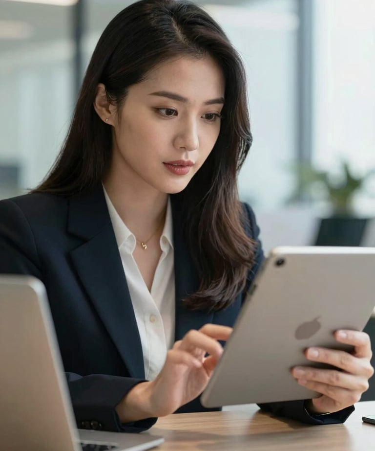 Professional photo of a female Southeast Asian analyst looking at a tablet screen with concentration, bright modern office setting.