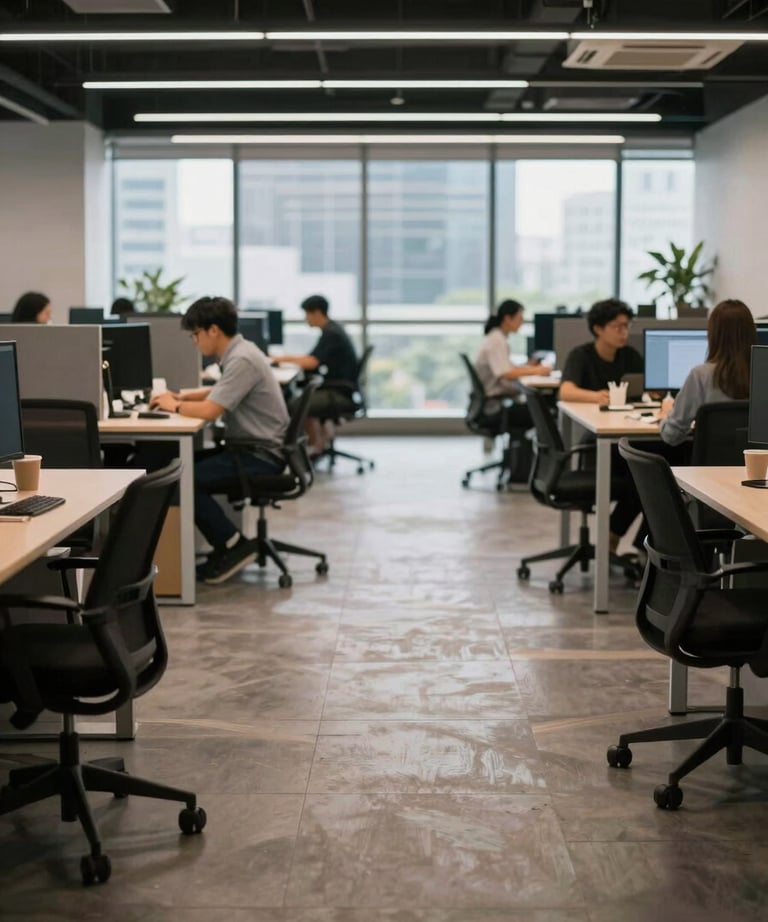 Photography of an open office floor in Jakarta during the day, with modern furniture and people working in the background, out of focus.