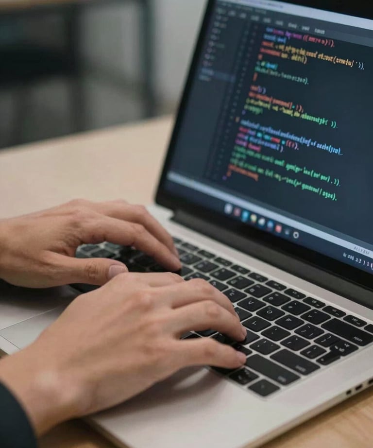 Close-up photography of professional hands typing on a laptop with code and data charts visible, soft office lighting.