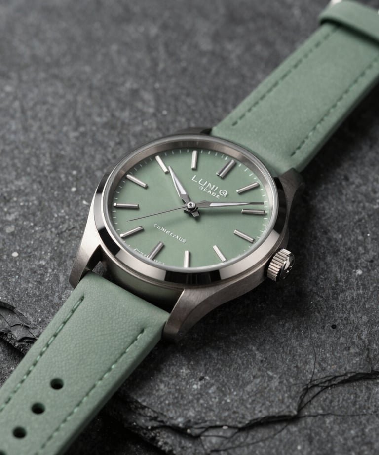 Still life photography of a high-end luxury watch on a dark stone surface, representing the premium brand campaigns handled by LUNIQ HEADS. Sage green and charcoal palette.