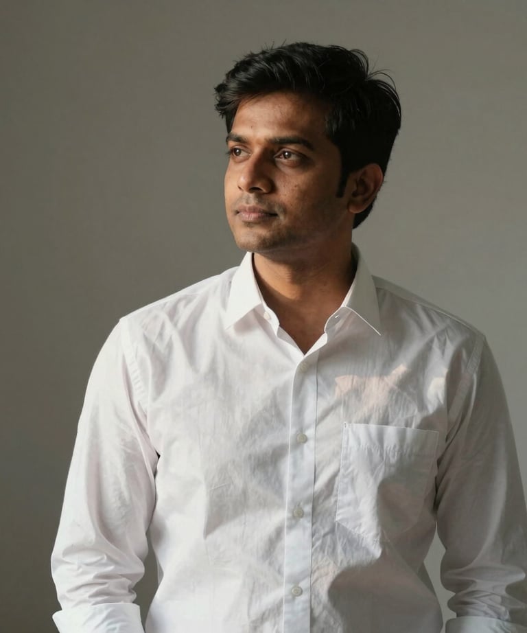 A minimalist studio portrait of Dhawal D Mangrulkar, South Asian / Indian, wearing a clean white shirt, looking thoughtful, with warm side lighting.