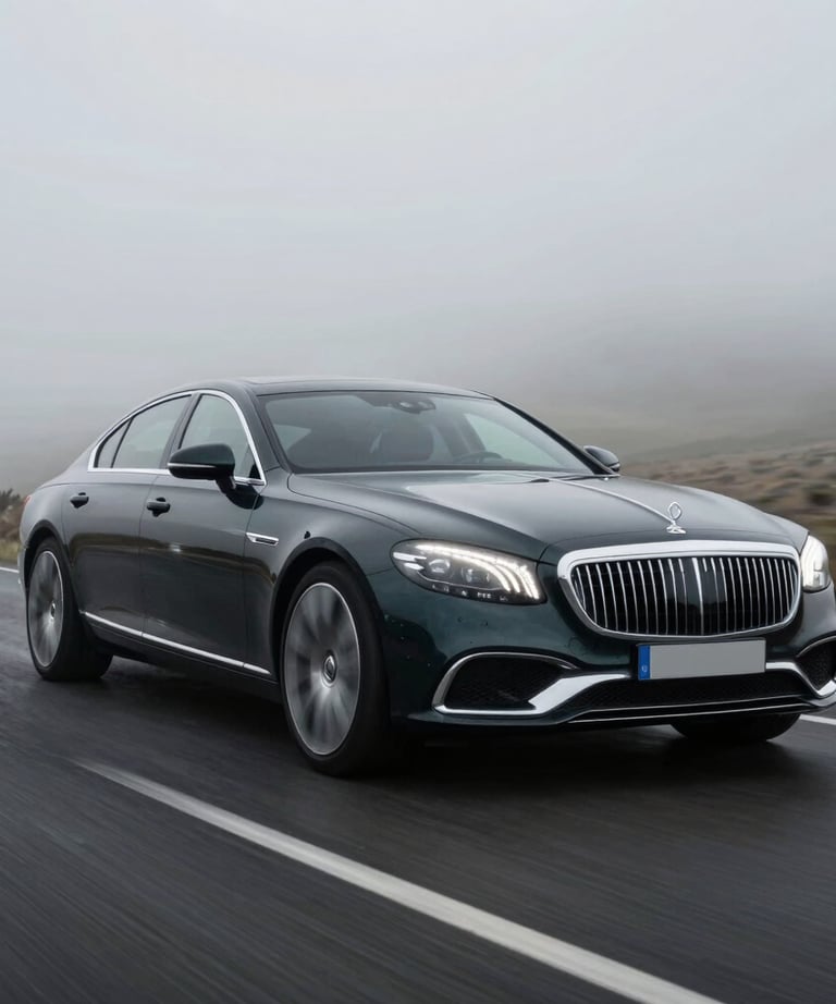 A high-end cinematic still showing a luxury car driving through a misty landscape, representing the film quality produced by the agency.