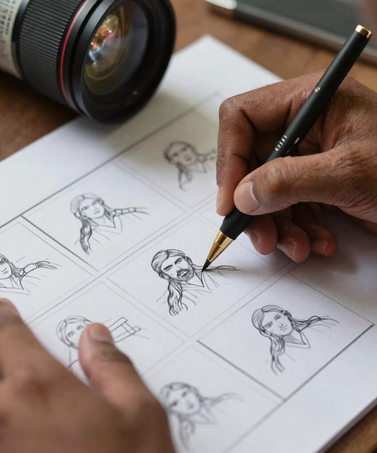 A close-up shot of hands sketching a storyboard on premium paper, South Asian / Indian, reflecting the meticulous planning behind our films.