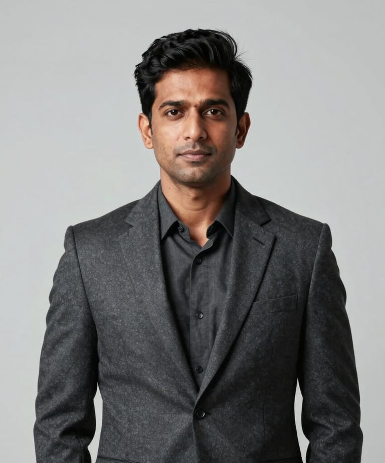 A minimalist studio portrait of Dipak Narale, South Asian / Indian, dressed in a professional charcoal blazer against a light gray background.