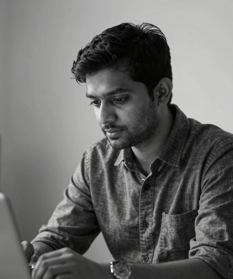 A black and white portrait of a focused creative professional, South Asian / Indian, working in a minimalist studio in Pune. Cinematic side lighting.