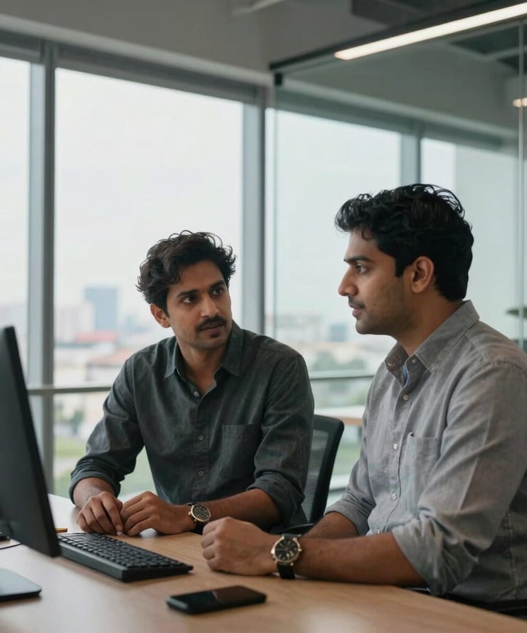 Two creative partners, South Asian / Indian, having a collaborative discussion in a modern office with large glass walls overlooking Pune city.